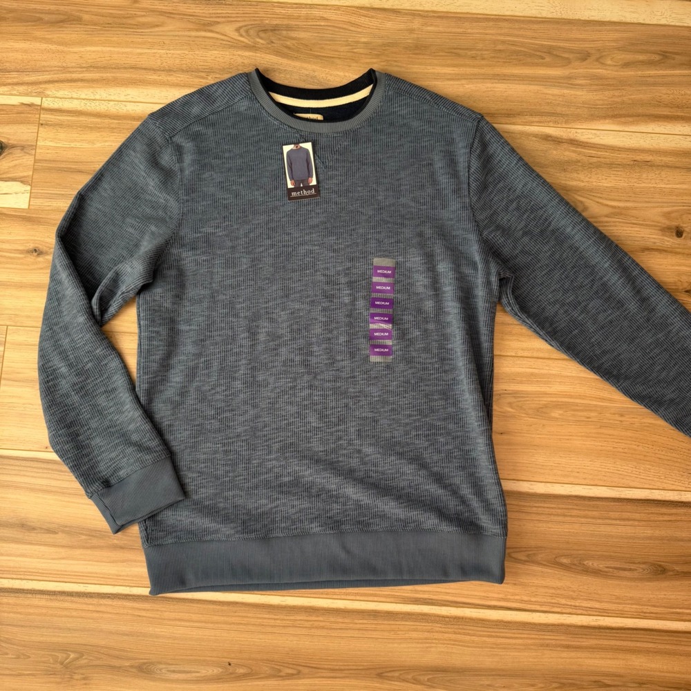 Method Mens Gray‎ Blue Waffle Knit Long Sleeve Crew Neck Pullover Shirt